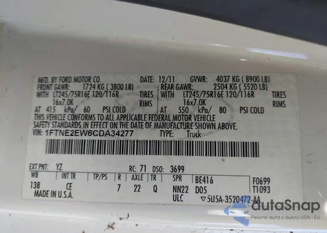 2012 Ford E-250 Commercial from USA, damaged, VIN 1FTNE2EW6CDA34277